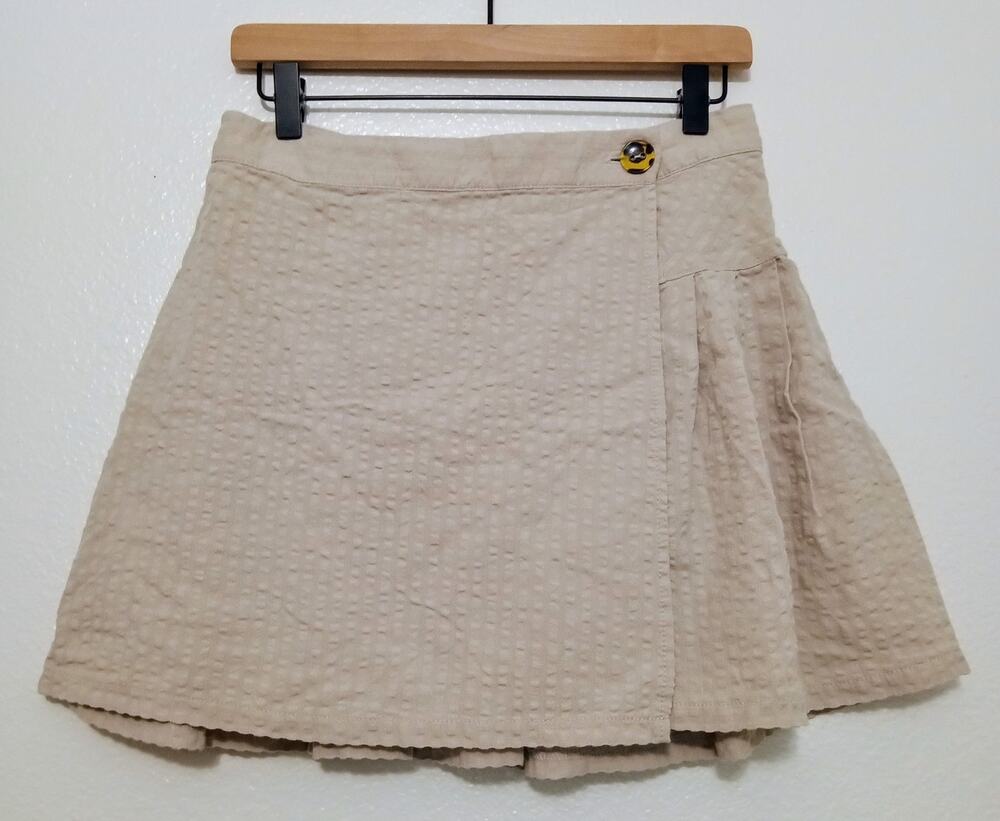 Urban Outfitters Women's Seersucker Wrap Mini Skirt Button Front Beige Boho SZ M